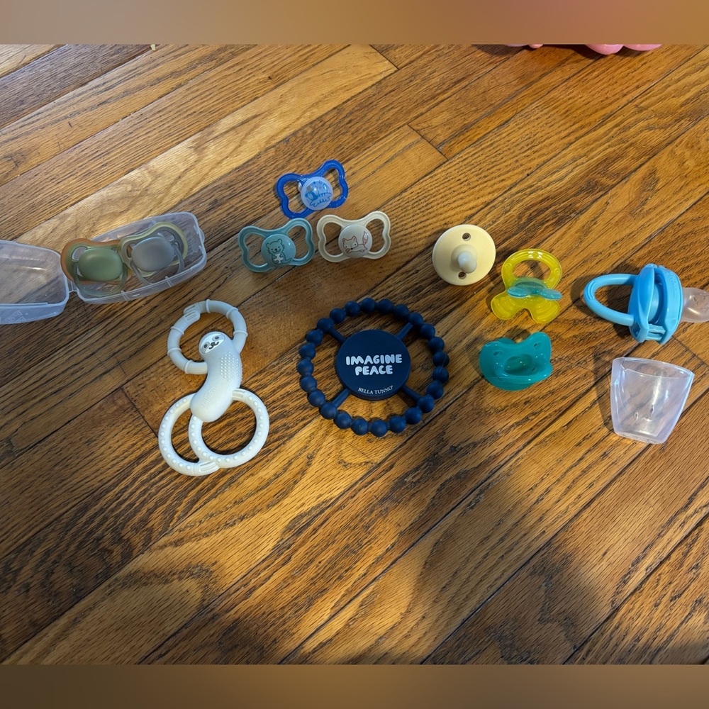 Pacifiers and teethers. Lightly used & NWOT. Chicco, Mam, Bella tunno, Dr Browns